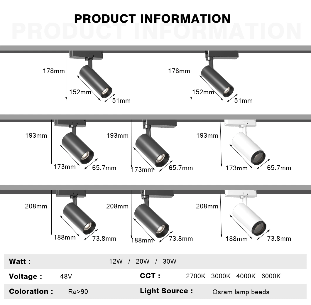 LED Track Spotlight, Black and White Aluminum Can Rotate 350° Can Be Adjusted up and Down 85° , 12W 20W 30W LED Spot Light